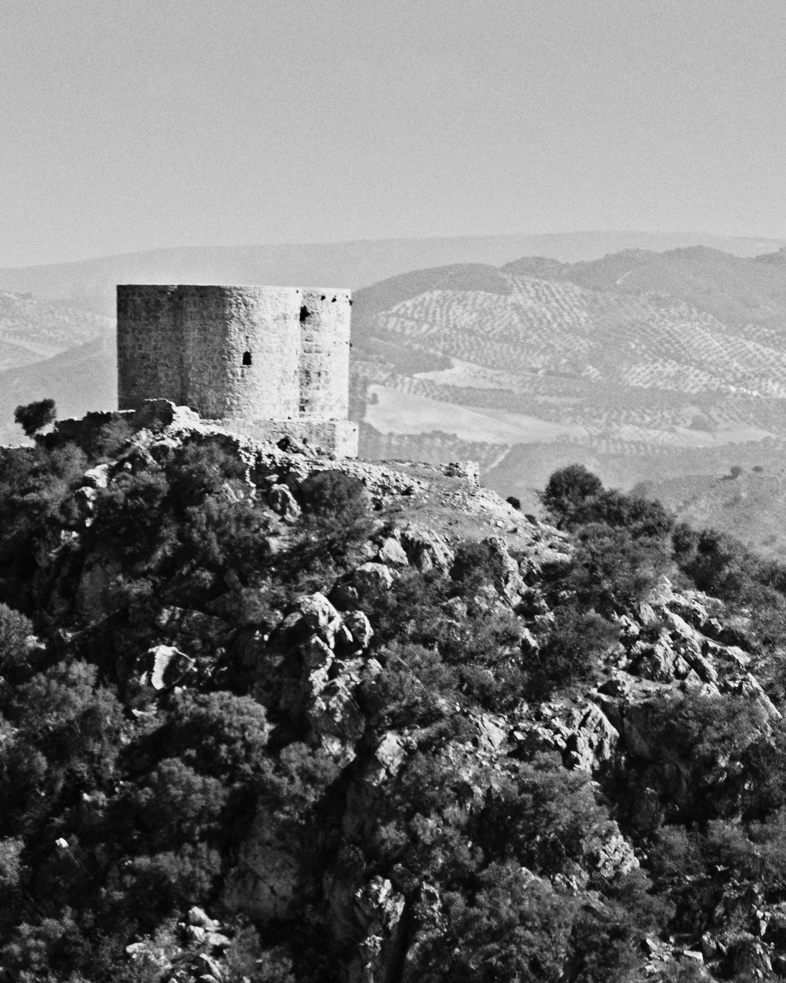 Castillo de Cote en lo alto de un cerro, con colinas de olivar al fondo