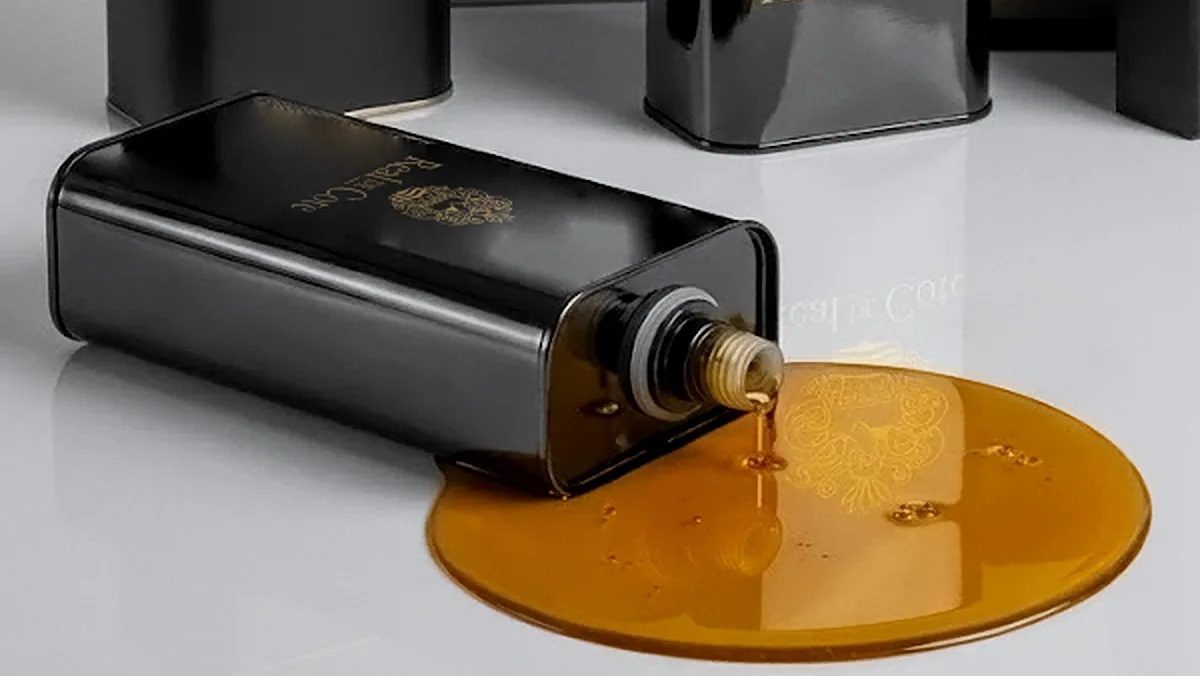 Lata de Real de Cote tumbada, con un poco de aceite vertido